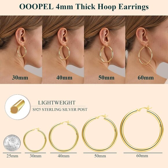 4mm Thick Gold Chunky Hoop Earrings for Women - Sterling Silver, Hypoallergenic - Picture 3 of 9